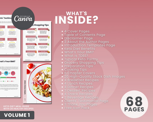 Ultimate Keto Diet Guide & Recipe eBook, Editable Canva Template, Printable Coaching Resource with 20 Easy Keto Recipes for Health Coaches